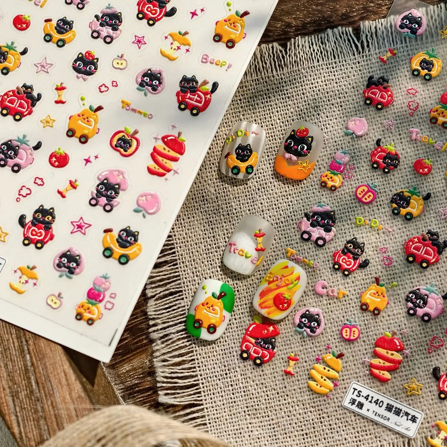 Dopamina lindo gato negro fruta coche 5D en relieve autoadhesivo pegatinas para decoración de uñas manzana melocotón plátano pera dibujos animados 3D calcomanías de manicura