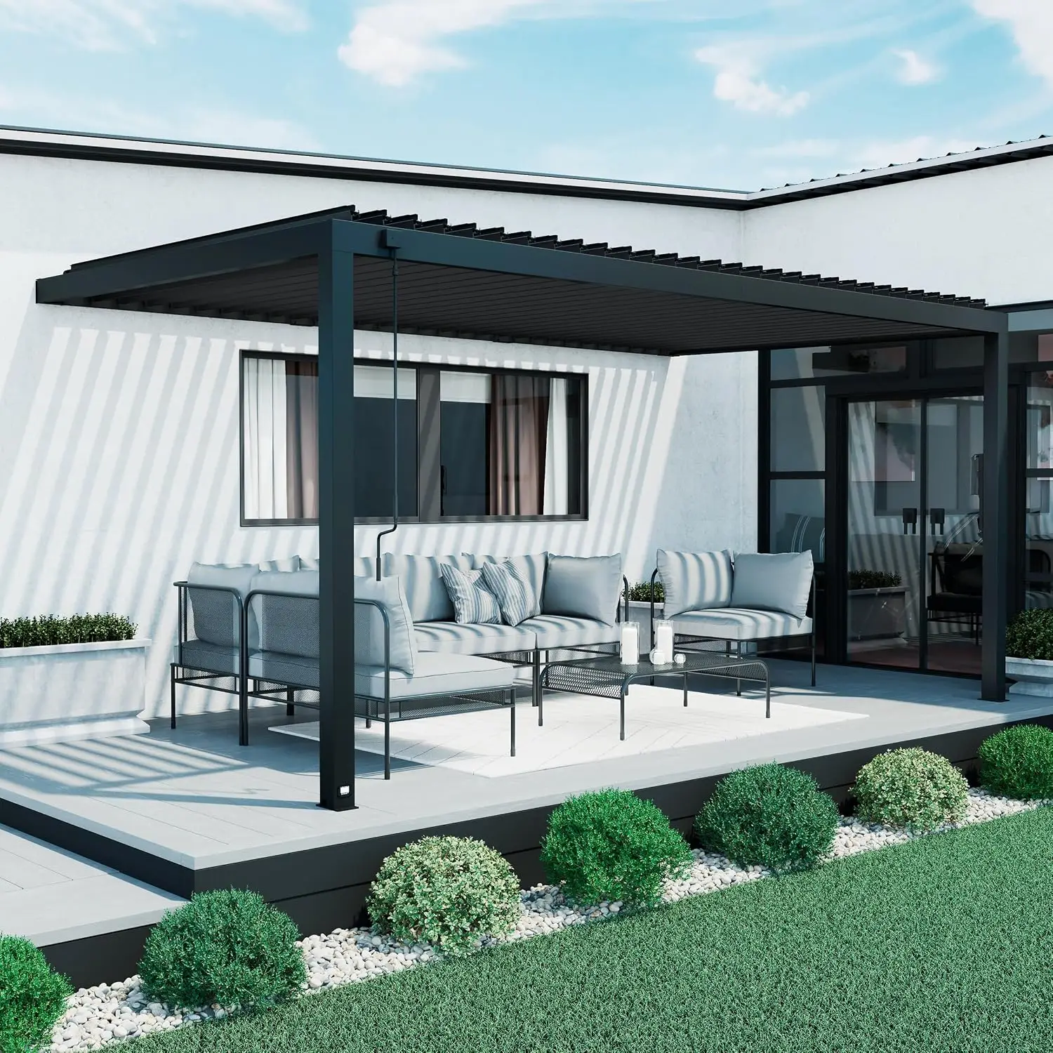 Evanston 18'x10' Galvanized Steel Wall-Mounted Louvered Pergola Kit with Adjustable Roof, Shade, Rain Protection, High-Wind Rati