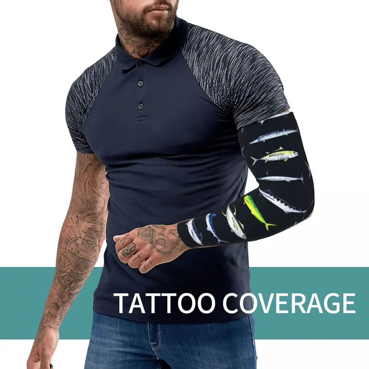 SPORTFISH Pattern Dark Navy Blue BlackYellowfin Tuna Outdoor Arm Sleeves Sun UV Protection Cover Summer Cycling Tattoo Sleeves