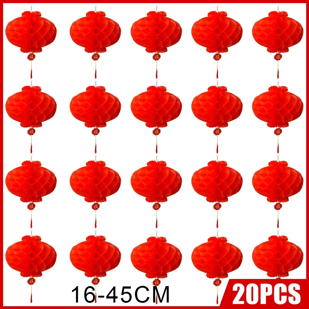 

20pcs Traditional Chinese Red Paper Lantern For 2024 Chinese New Year Decoration Hang Waterproof Festival Lanterns One-Time Use