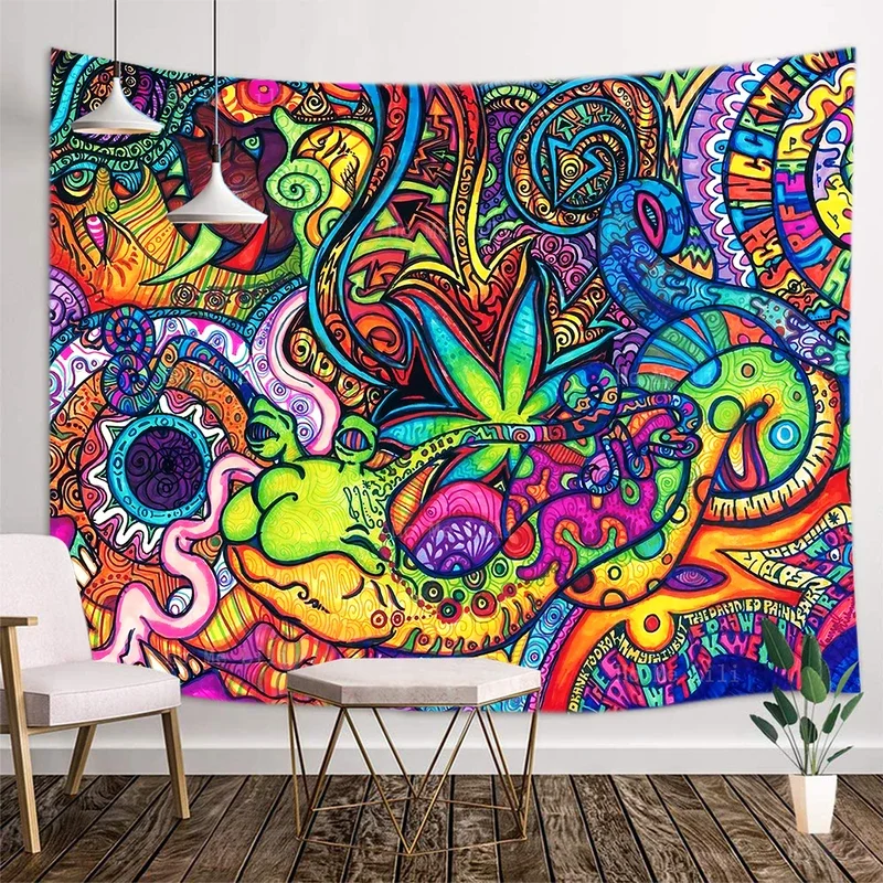 Psychedelic weed Bohemian Trippy Stoner cool Modern art tapestry by Ho Me Lili hanging wall for salon decor