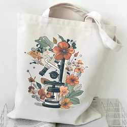 Vintage Microscope Flower Design Graphic Canvas Tote Shoulder Shopper Bags Storage Travel Bag Handbag & Shopping Gift Bag