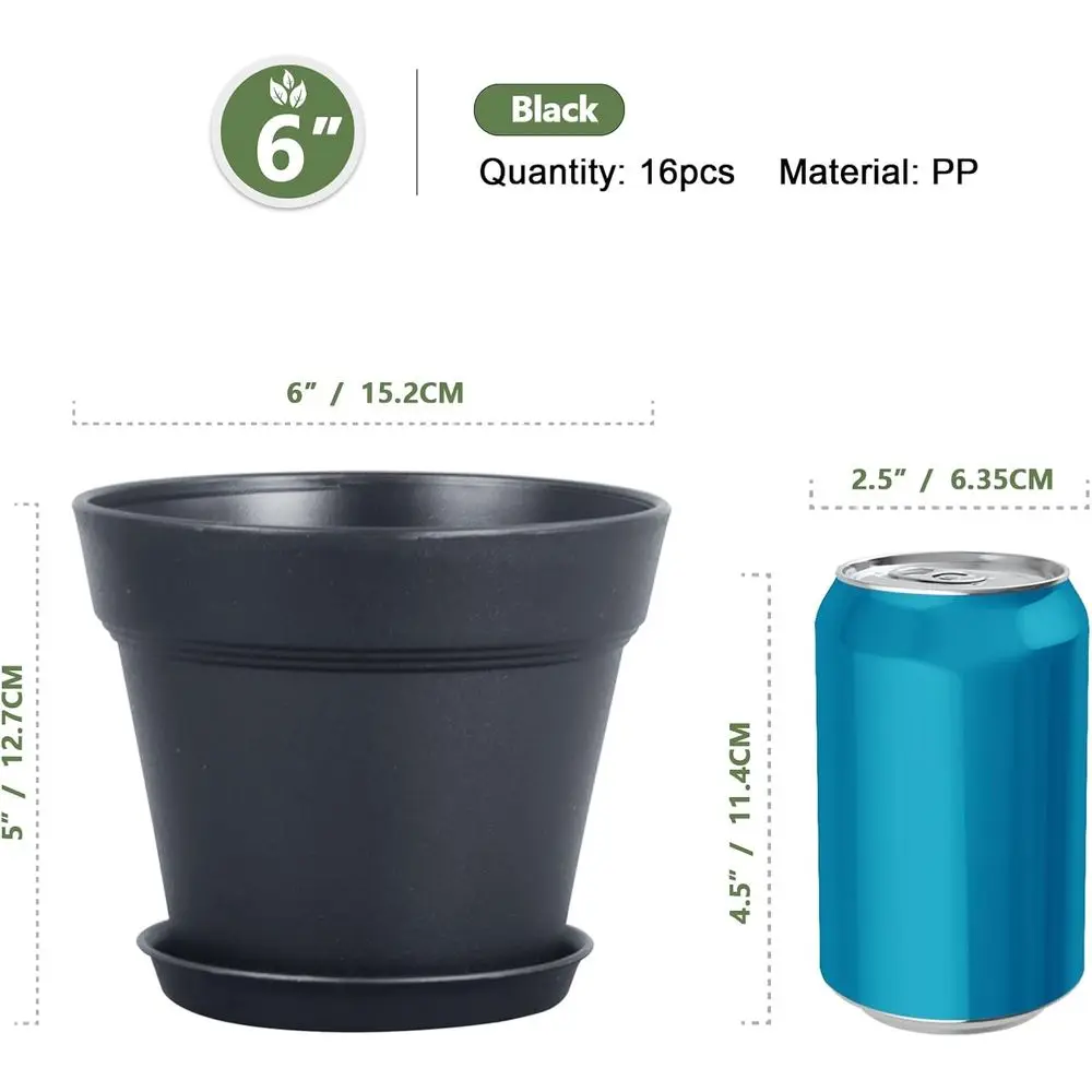 6-inch Plastic Nursery Pots, 16 Pack, Suitable for Indoor and Outdoor Plants, with Drainage Holes and Saucers, Ideal for Seedlin