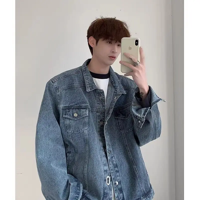 

Джинсовая куртка для подростков, стильная, осенняя, повседневная, свободного кроя, с длинными рукавами, антибактериальная, из смесового полиэстера и хлопка