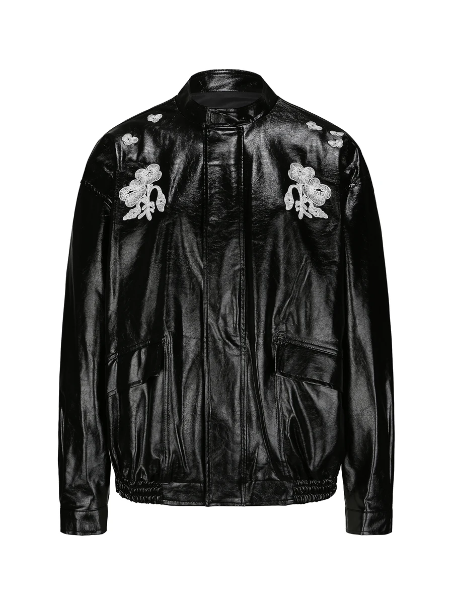 Jaqueta Feminina de Couro Solta com Bordado Floral IAMCPLUS 2025AW, Moda Outono, Manga Curta, Fechamento com Zíper