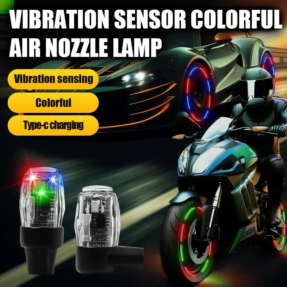 

2pcs LED Wheel Tire Vibration Sensor Colorful Air Nozzle Decoration Car Hub Light Motorcycle Atmosphere Lamp USB Charging