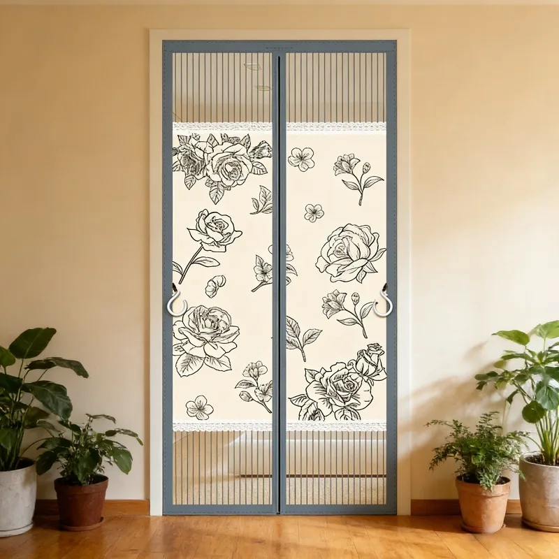 Summer Mosquito Net Magnetic Screen Door, Floral Design with Pet-Friendly Anti-Scratch Mesh, Automatic Close Breathable Curtain