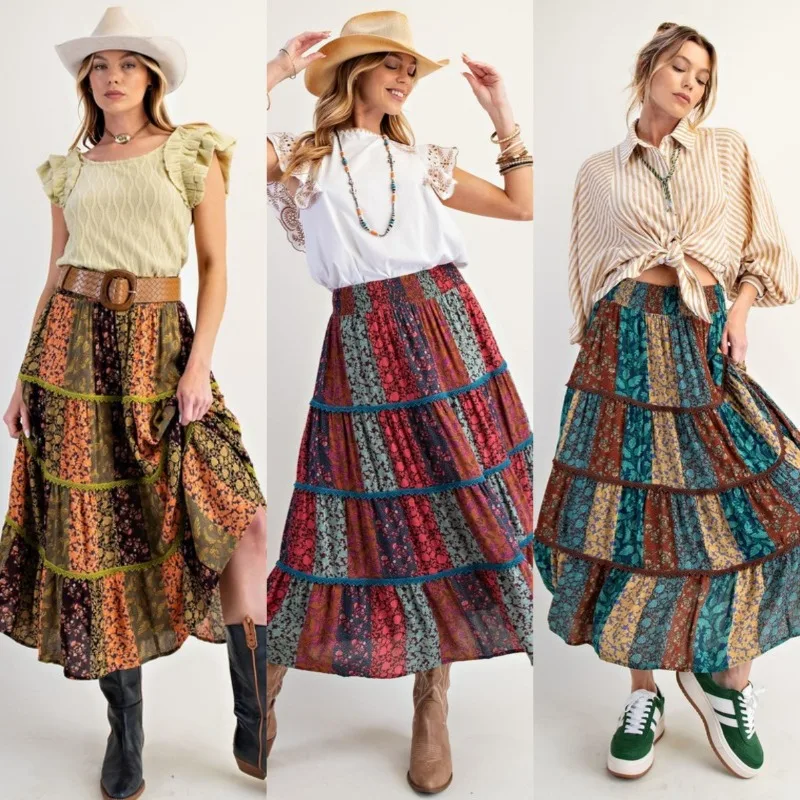 

2025 Autumn New Women's Print Temperament Fashion Skirt Contrasting Large Skirt Long Skirt Soft and Comfortable A-Line Skirt