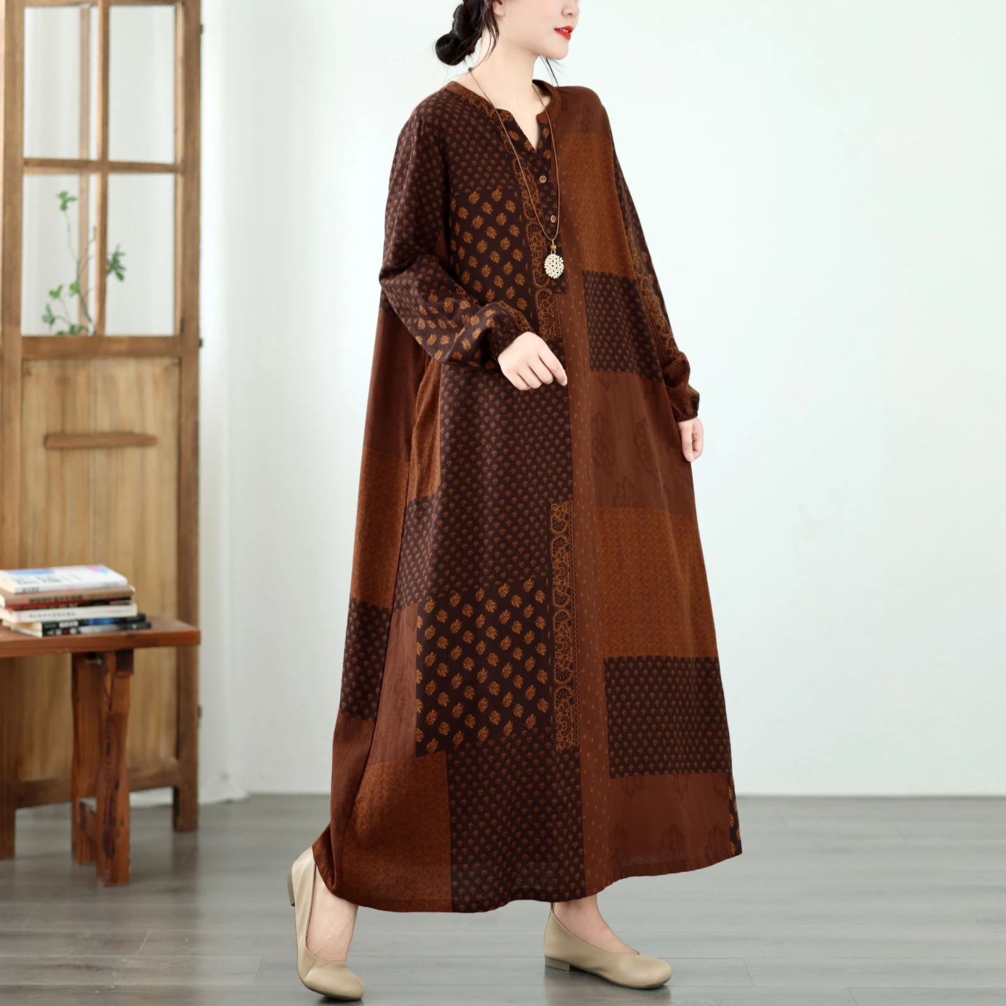 Artistic Vintage Print A-Line Dress Women's Loose Slimming Patchwork plus Size Cotton Blend Long Sleeve Autumn Citywalk Dress 3