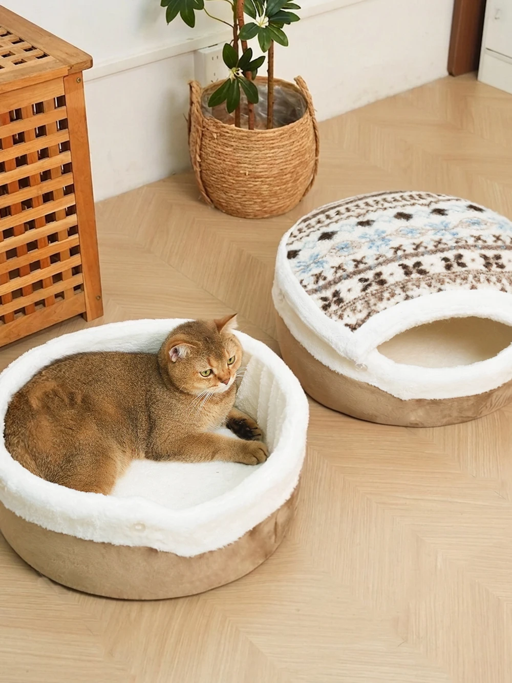 クリスマスヴィンテージ暖かい密閉型二重使用四季対応猫ハウスペット用巣フェイラオブロンズロースト猫用巣室内猫用
