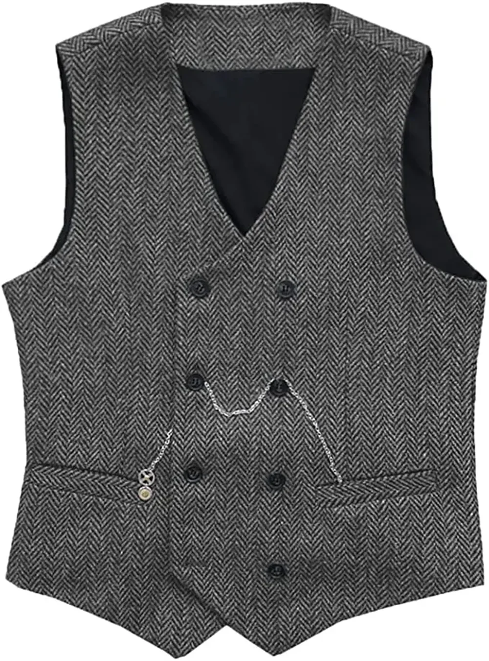 V Neck Men\'s Suit Vests Gray Herringbone Wool Tweed Double Breasted Waistcoat Tuxedo Groomsmen For Wedding Groom One Piece Vest