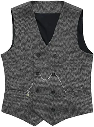 V Neck Men's Suit Vests Gray Herringbone Wool Tweed Double Breasted Waistcoat Tuxedo Groomsmen For Wedding Groom One Piece Vest