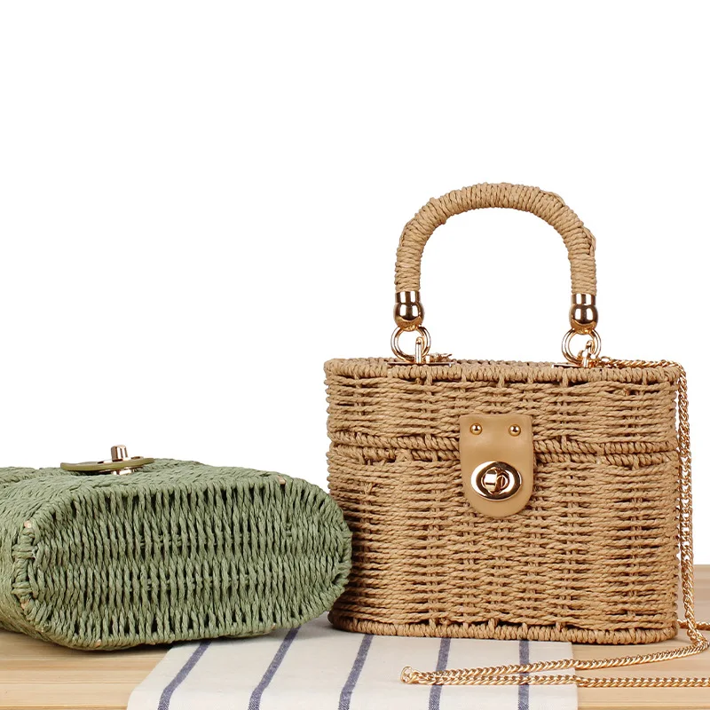 New small fragrant wind slung hand carrying dual-purpose leisure woven bag Japan and South Korea small round box straw beach bag