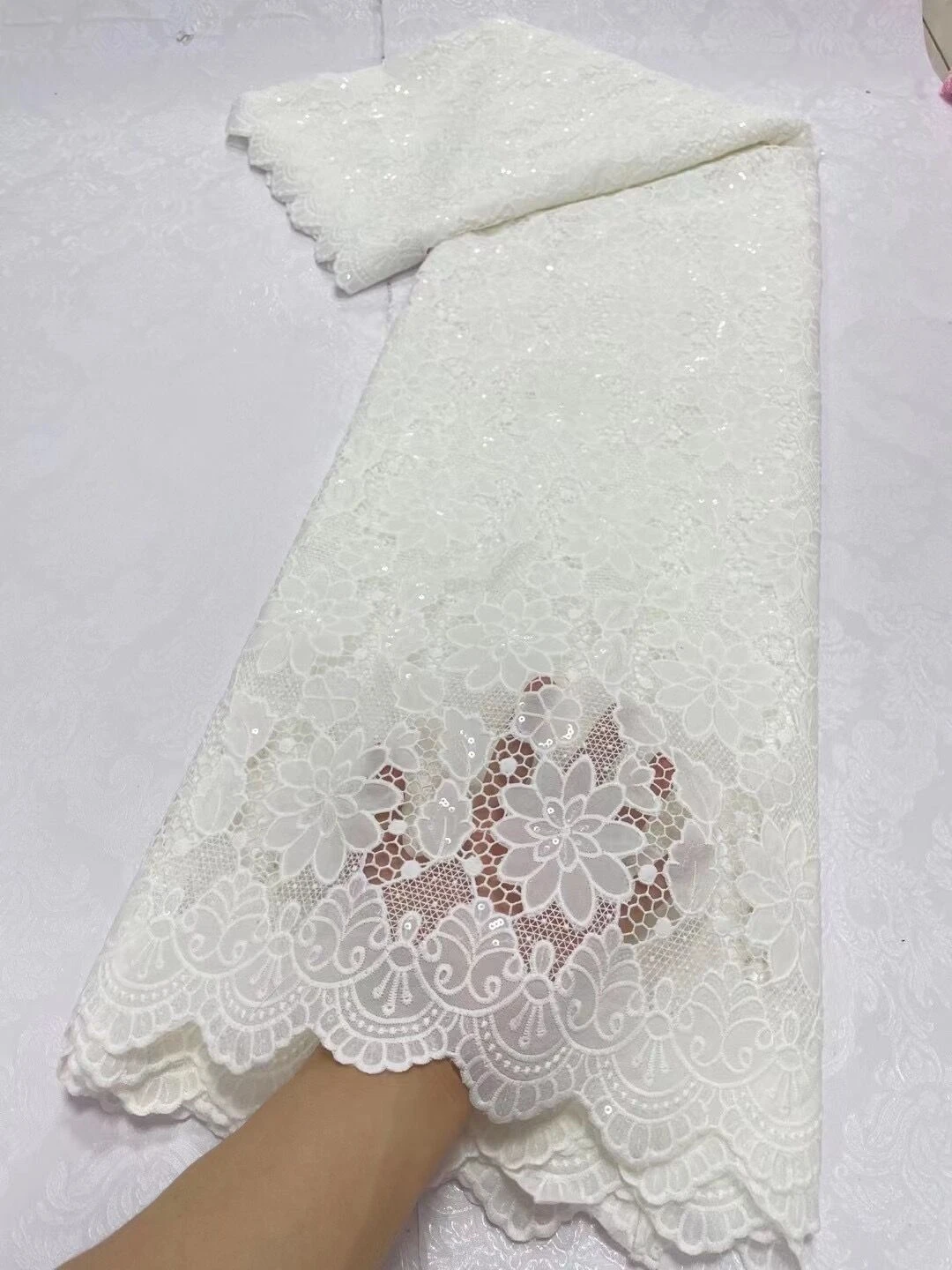 African 5Yards Lace Fabrics Party Dresses Cotton Embroidery For Women Sewing Tulle Fashion Nigerian White Fabric By Meters Cloth