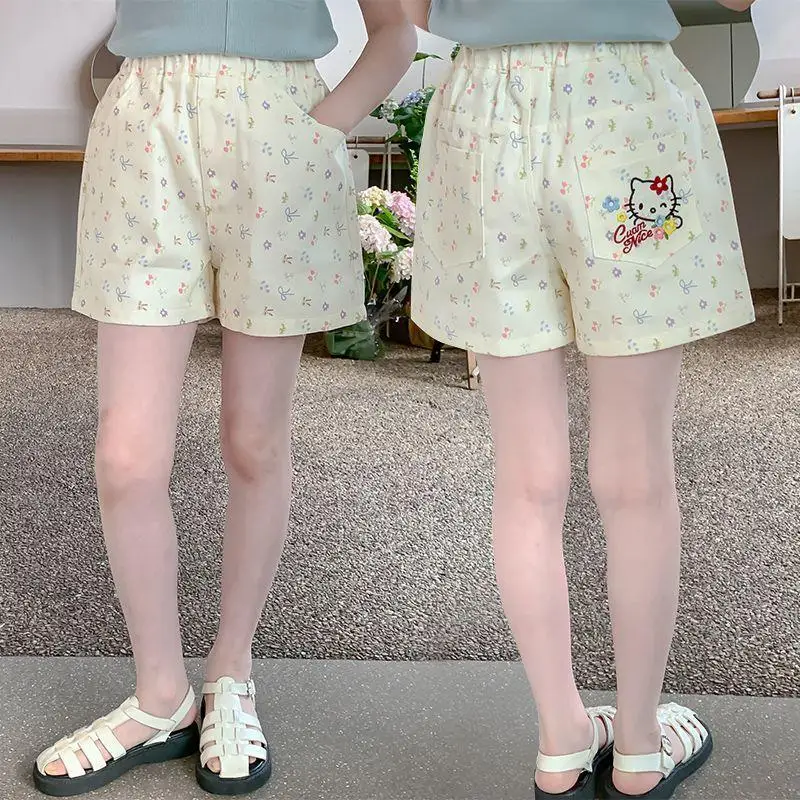 

Летние шорты Sanrios, новый стиль, детали с вышивкой «Hello Kitty», свободные, повседневные, удобные, универсальные, с эластичной талией