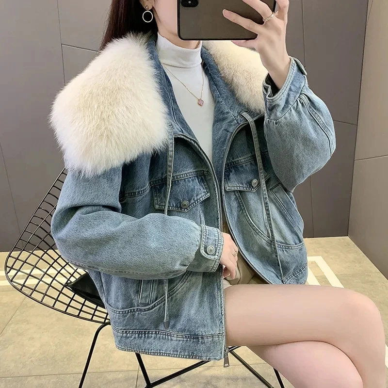 European 2023 Winter New High-quality Big Fur Collar Denim Down Jacket Short Casual White Goose Down Warm Jacket Women Parka