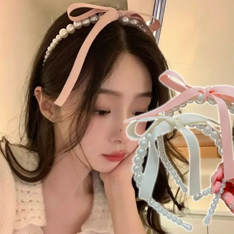 Pink Satin Pearl Hair Band Cream Color Girl Bow Ribbon Sweet Temperament Headband Hair Hoop Headwear Women Jewelry Accessories