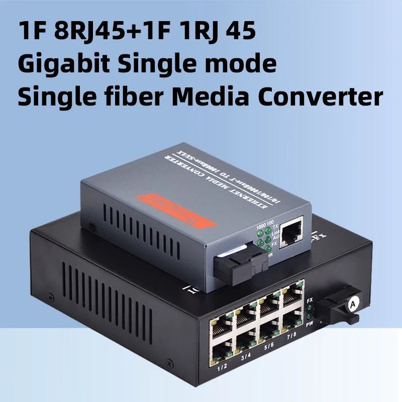 Gigabit Fiber Transceiver, SC 1 Fiber 8RJ45 + 1 RJ45, Singlemode, 10 m, 100 m, 1000m Media Converter, 20km, 1 Pair