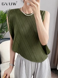 GVUW Pleated Irregular T Shirt Women Round Collar Sleeve Solid Color Versatile Summer 2024 New Female Loose Clothing 17G6505