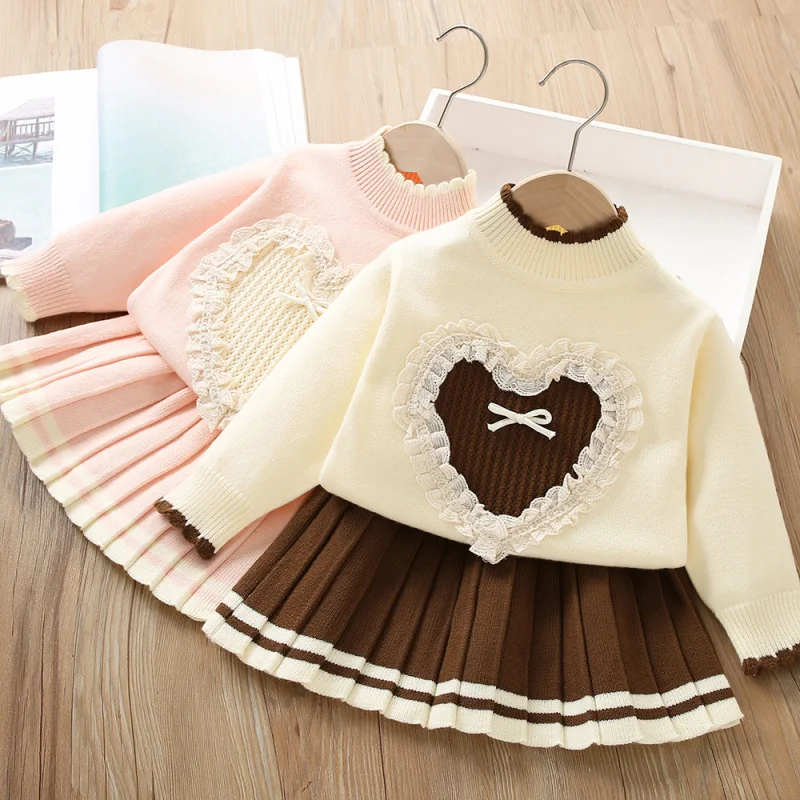 

Girls' Sweater Set Autumn Winter New Stylish Lace Knitted Long Sleeve Pullover Short Skirt Two-Piece Set Trendy