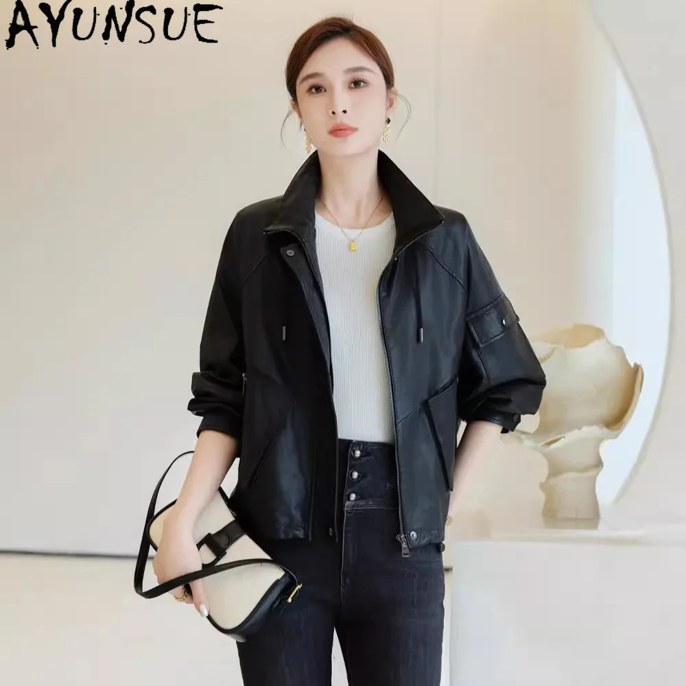 AYUNSUE Giacca in vera pelle da donna 2025 100% pelle di pecora Cappotti da donna Giacche da moto Primavera Autunno Abiti Vestibilità ampia