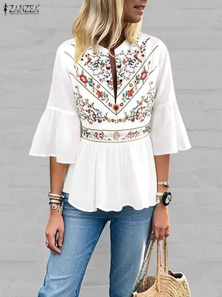 

ZANZEA Women Bohemain 3/4 Sleeve Printed Blouse Summer Shirt Stylish V Neck Holiday Tops Female Ruffled Hem Work Blusas Oversize