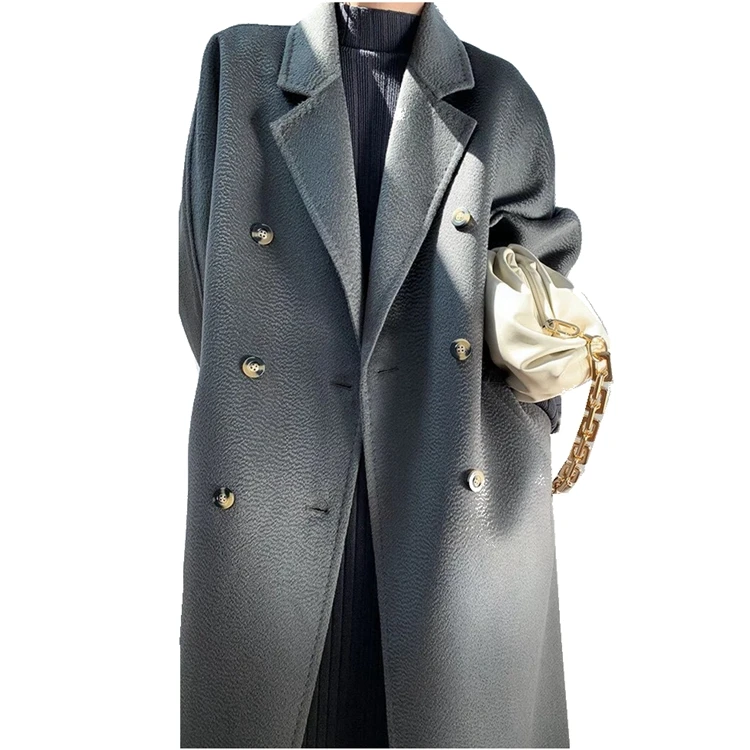 

New Luxury Water Ripple Korean Style Ladies Long Double Faced 100% Winter Wool Trench Coat Women