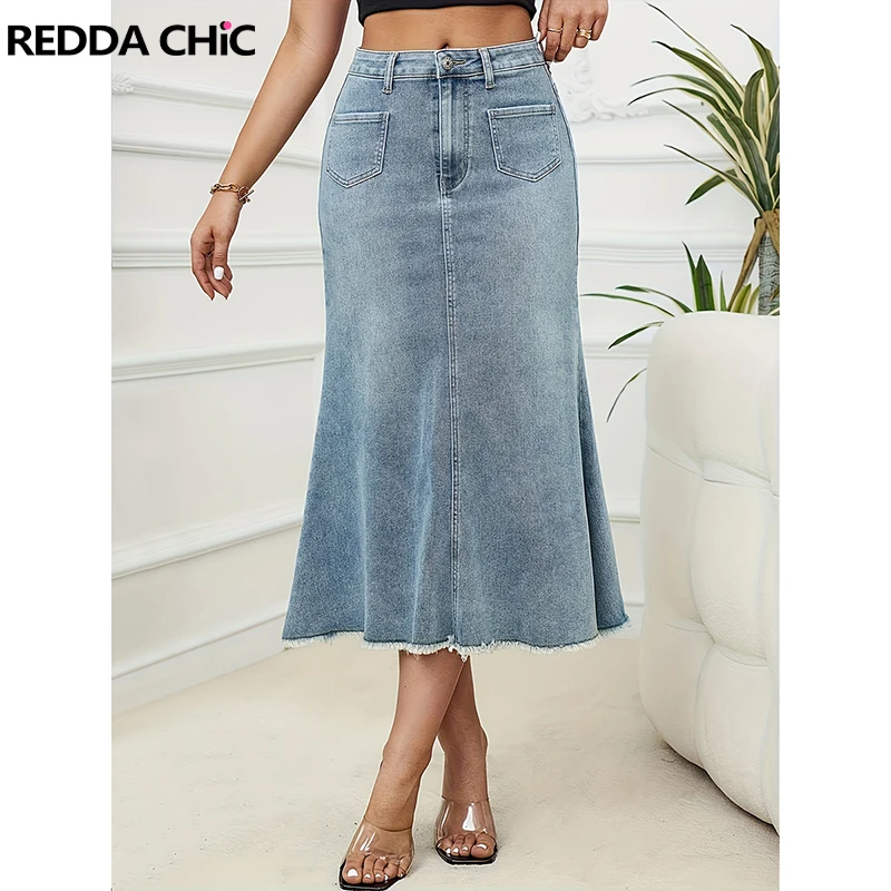 

ReddaChic Elegant Mermaid Denim Skirt Women Washed High Rise Raw Edge Solid Long Jeans Skirt Office Lady Casual Summer Clothes