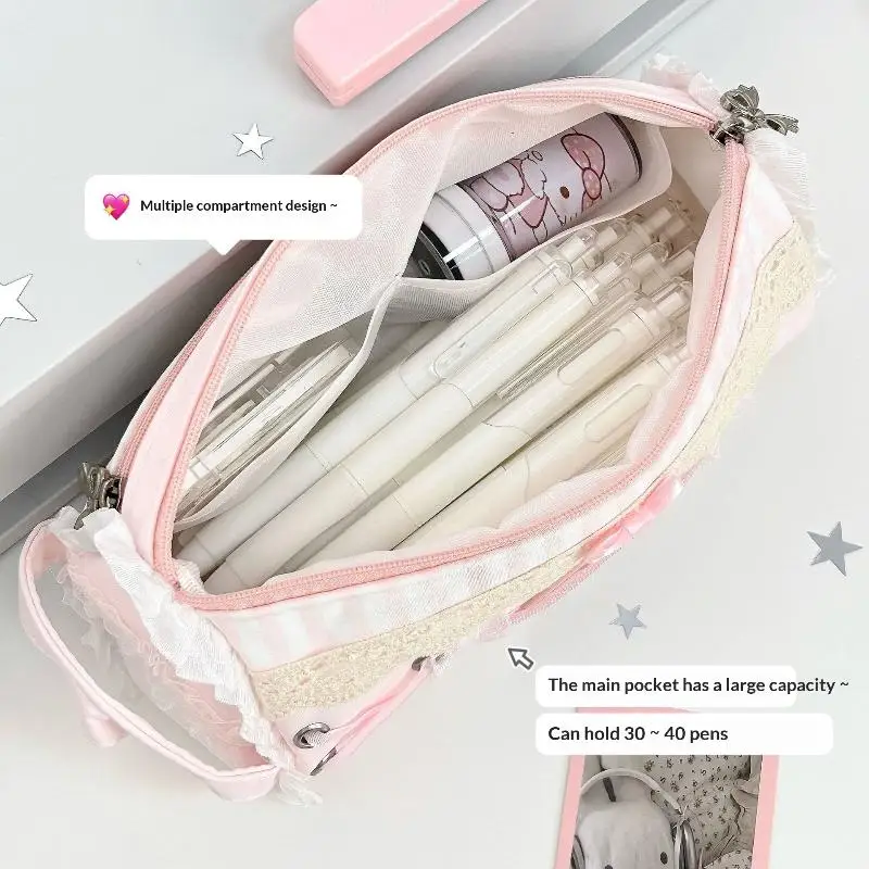Rosa Mädchen-Stiftetui mit süßer Spitze, großes Fassungsvermögen, Schreibtisch-Organizer, Stifttasche, süße Mädchen-Make-up-Tasche, Geschenk, 1 Stück – Detail 6