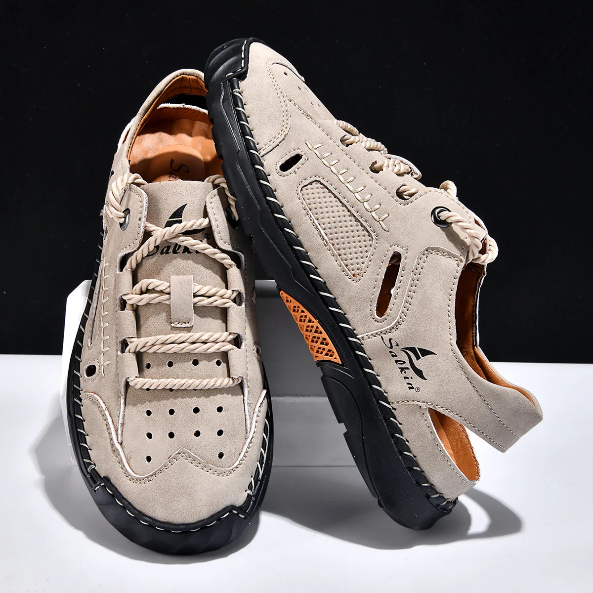 

Summer Men's Hollow Breathable Thick Soled Handmade Stitching Casual Toe Sandals Wear-resistant PU Outdoor Mesh Perforated Shoes