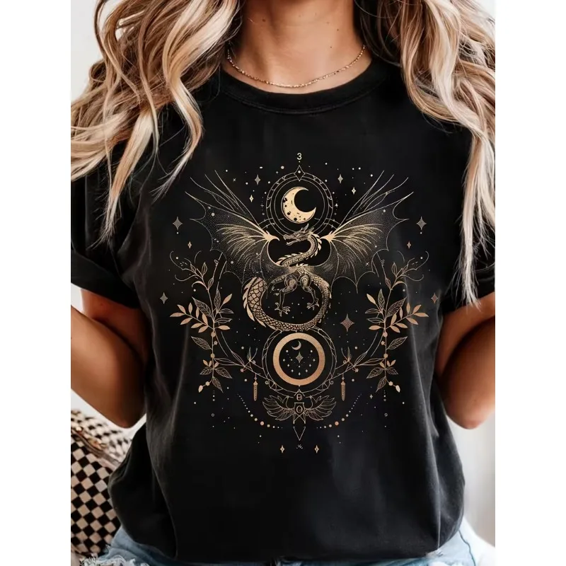 Celestial Dragon Moon Stars Graphic T-Shirt Women’s Casual Crew Neck Short Sleeve Tee Mystical Boho Dragon Print for Daily Wear