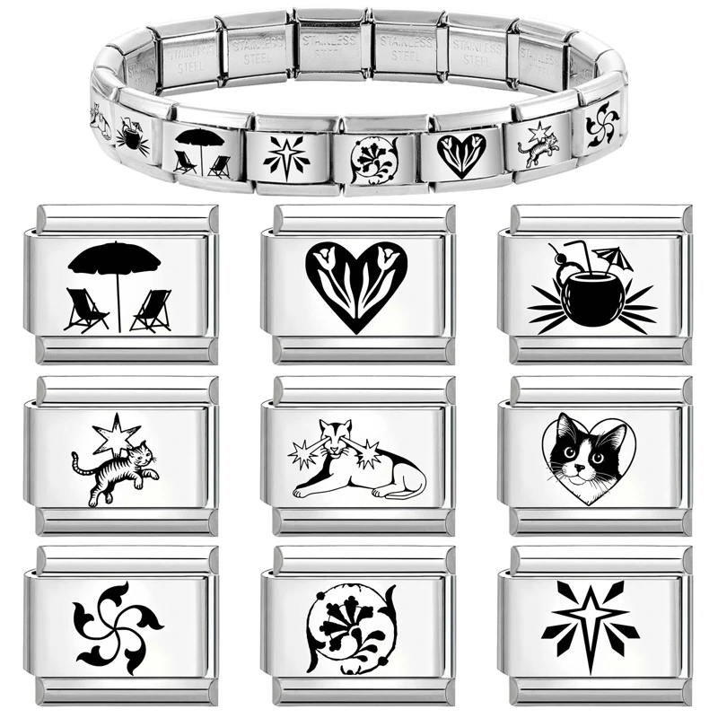 Laser Engraving Planet Coconut Eyes Cat Heart Fish Italian Charm Links Fit 9mm Stainless Steel Bracelet Men Women DIY Making