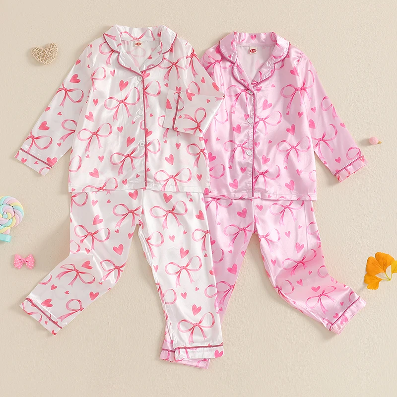 Conjunto de pijamas infantis para meninas de 3 a 7 anos, camisa de manga comprida com estampa de laço de coração doce e calças elásticas, 2 peças para roupa de dormir