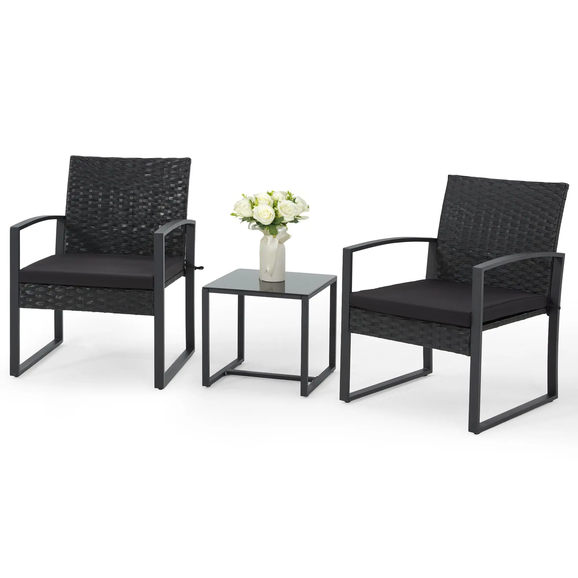 3-Piece Patio Furniture Set, Wicker Bistro Set, Black | 2 Straight Arm chairs with Glass Coffee Table, Patio