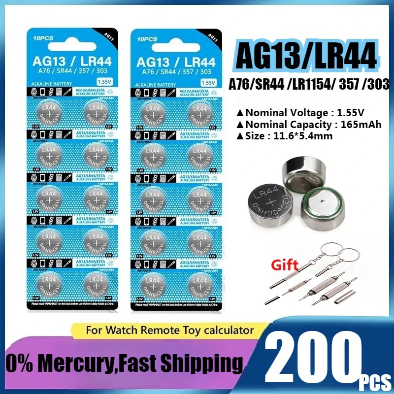 200PCS AG13 LR44 A76 1.55V Button Batteries For Watch Toys Remote L1154 SP76 pila SR44 LR1154 357 303 Cell Coin Alkaline Battery