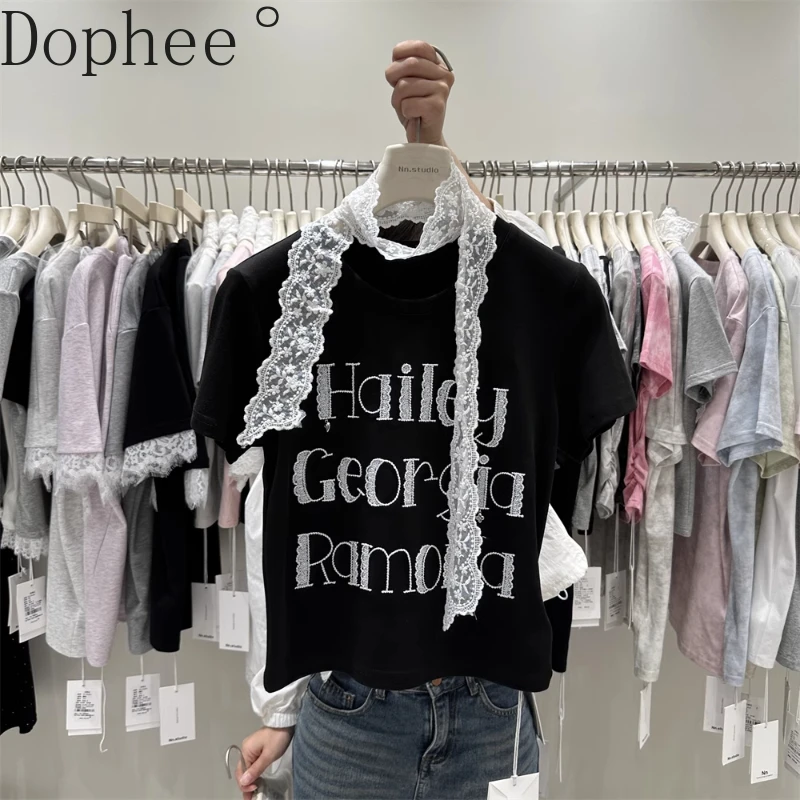 

Spice Girls Skinny High Waist T-shirt Crop Top New Summer All-match O-neck Pullovers Elegant Embroidery Lace Letters Cotton Tees