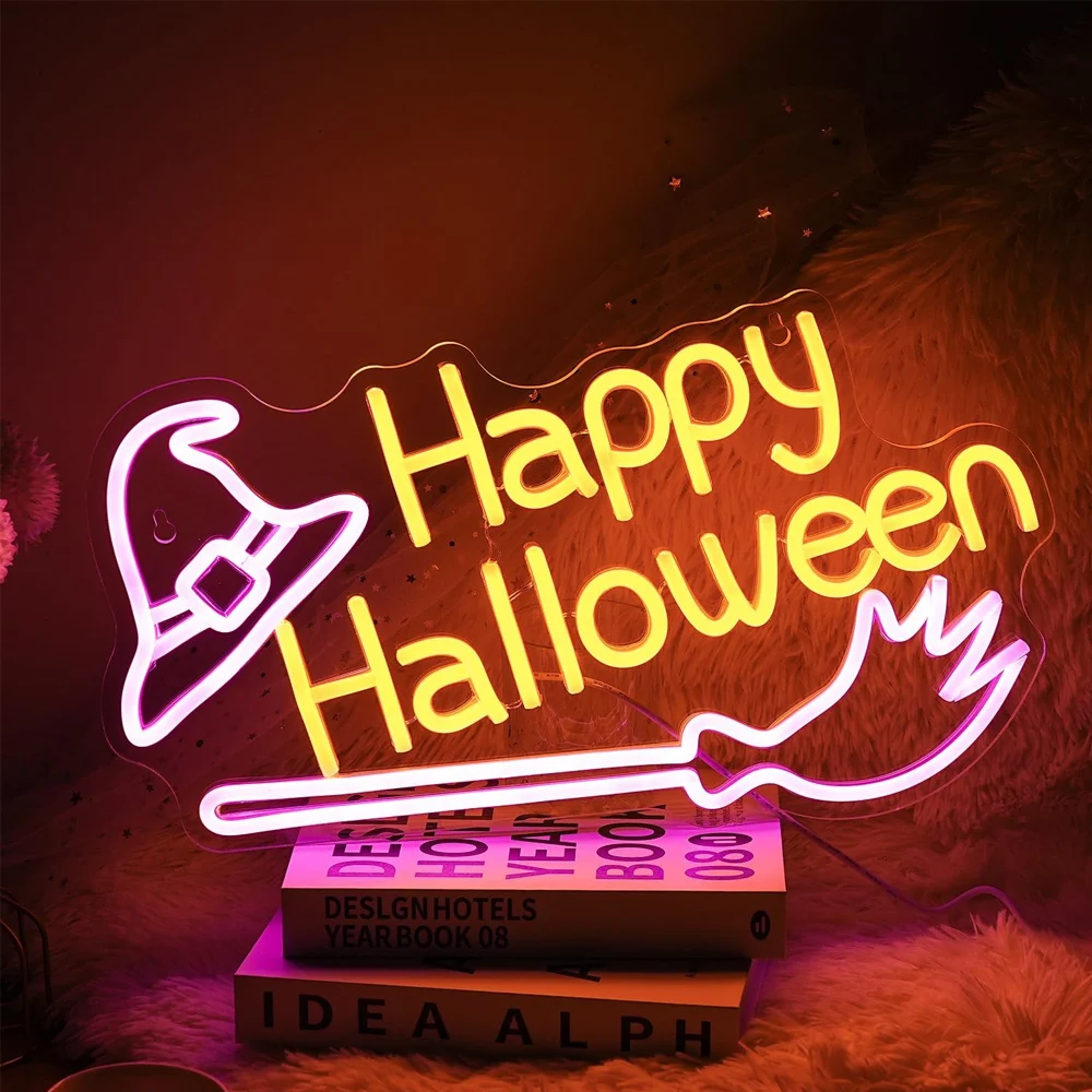 Enseigne au néon Happy Halloween, chapeau de sorcière, balai à intensité variable, décoration murale LED, lumières au néon, décorations d'Halloween pour la fête à la maison