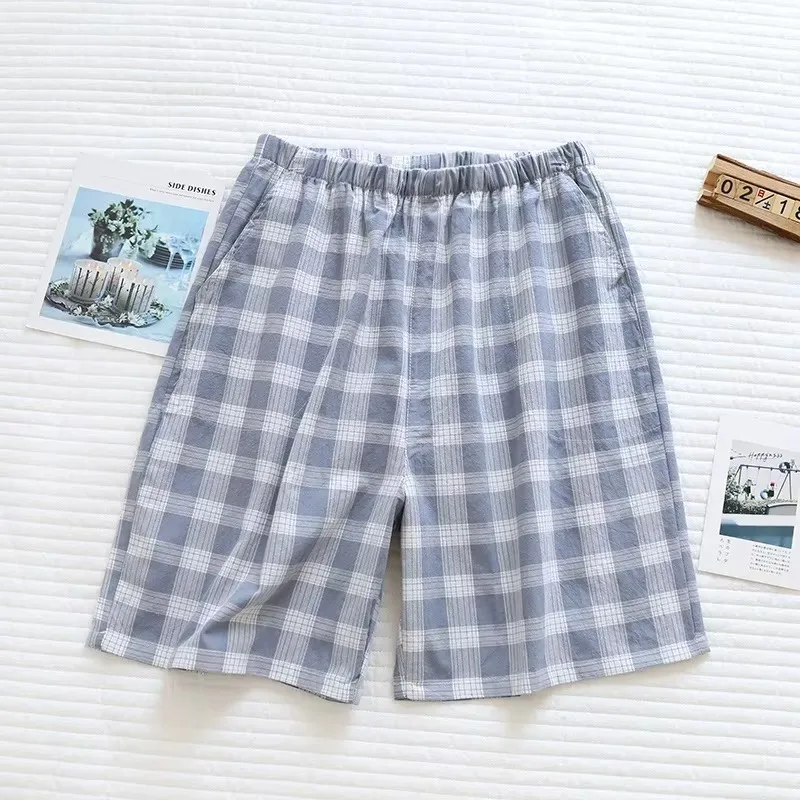 Men Pajama Pants Washed Cotton Large Plaid Shorts Simple Home Boxer Shorts Thin Easy to Clean Solid Color Sleeping Pants