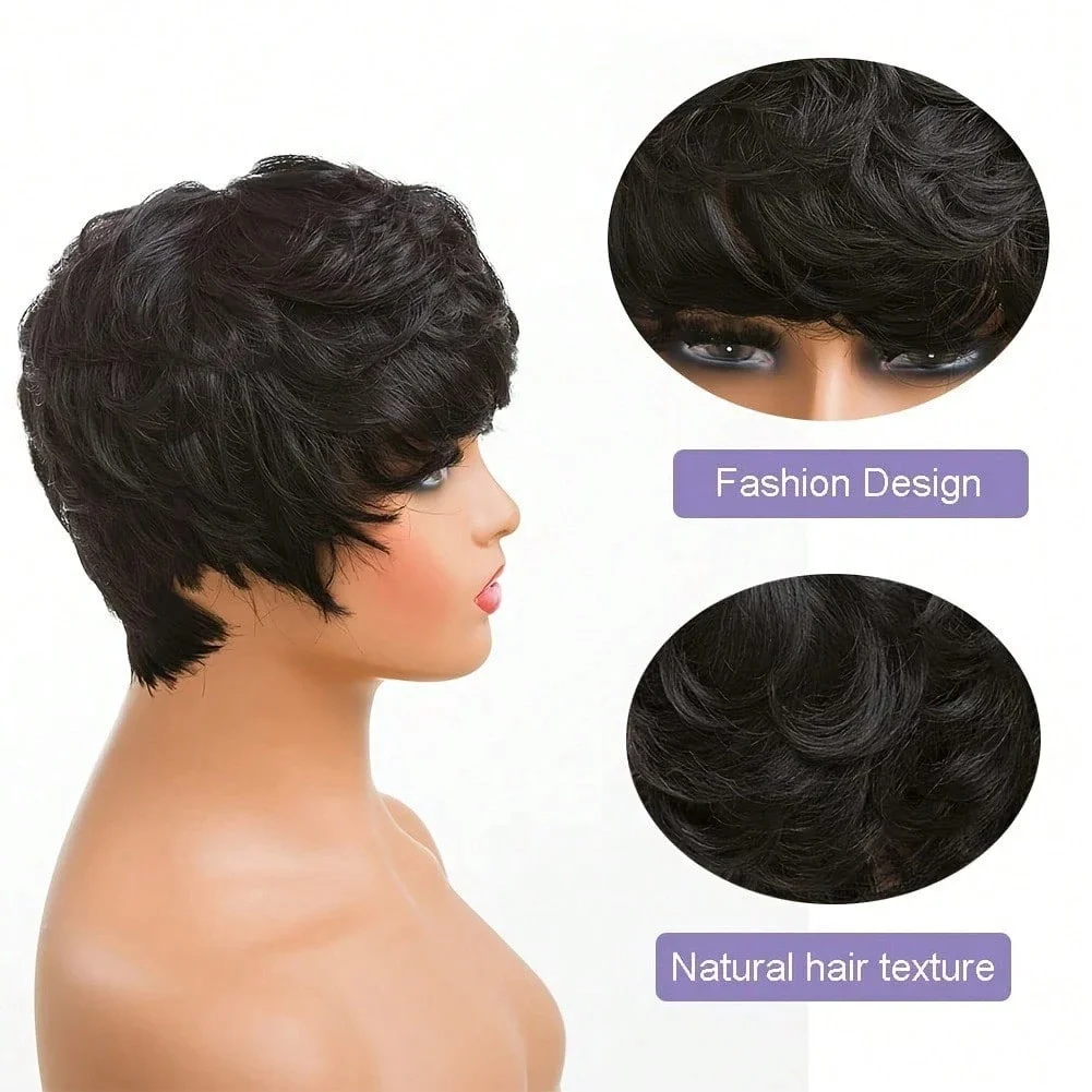 قصيرة عابث الباروكات قصيرة أسود مجعد عابث الباروكات الاصطناعية خصلات الشعر المستعار الطبيعي متموج أسود عابث قطع شعر مستعار قصير مجعد الطبقات عابث #6