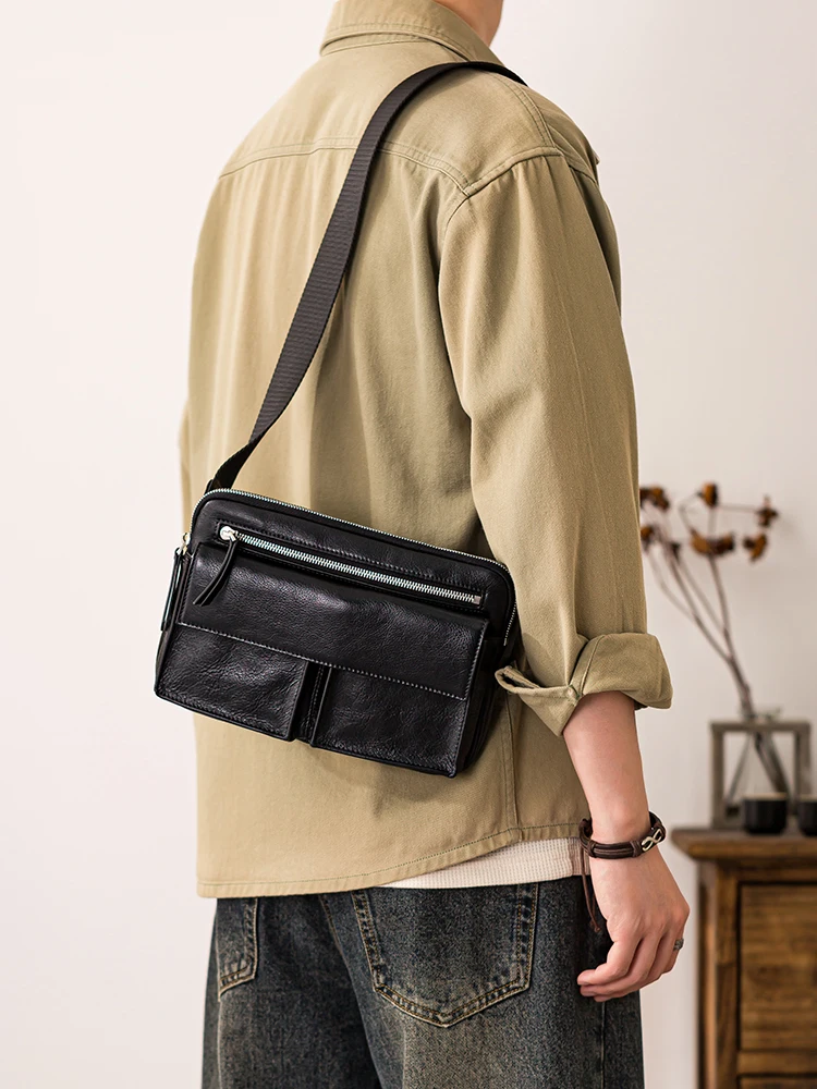 

PNDME casual designer handmade high-quality genuine leather men's messenger bag outdoor work commuter cowhide black shoulder bag