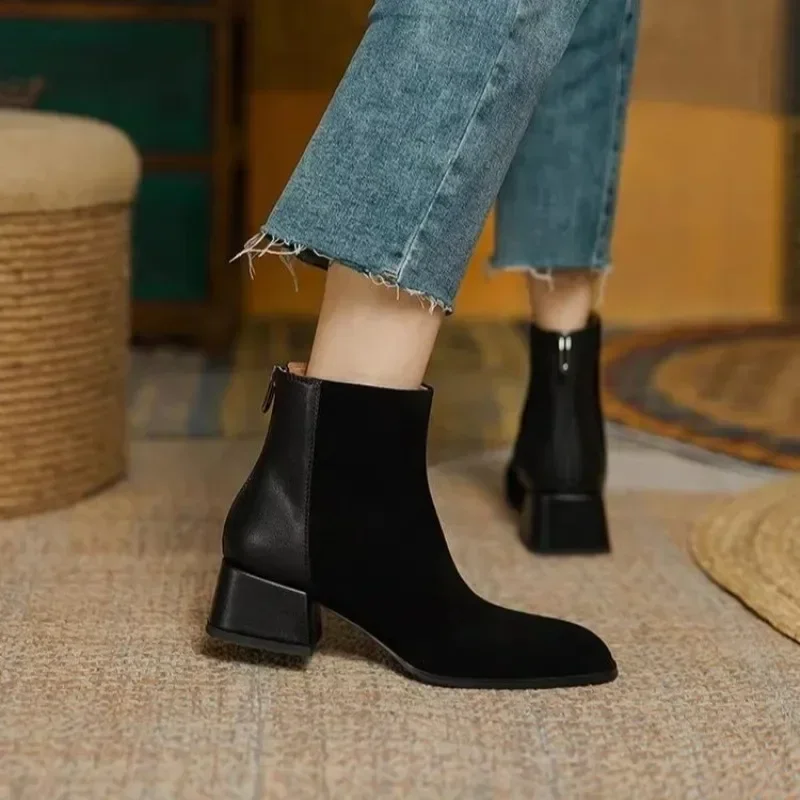 Women's Ankle Boots 2024 New Autumn Square Toe Chunky Heel Shoes Women Fashion Mid-Heel Suede Boots for Women Zipper Botas Mujer