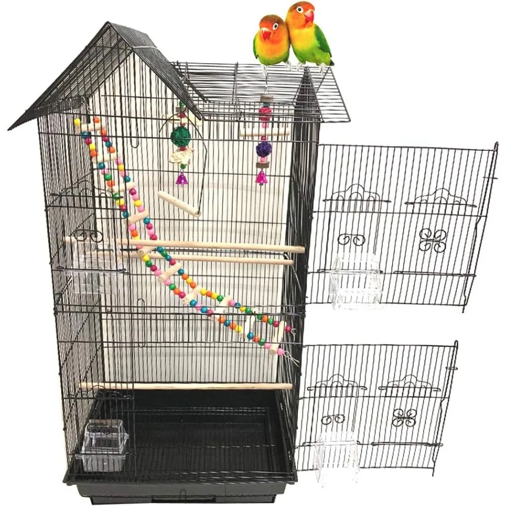 

38-Inch Double Roof Top Large Flight Bird Cage with Toys Climbing Ladder Side Nesting Box Doors for Cockatiels Sun Parakeets Con