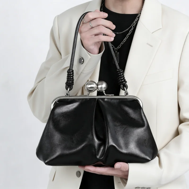 

Y2k Style Minimalist Kiss-lock Bag Luxury Leather Cloud-shape Shoulder Bag Retro Metal Clasp Handbag Pleated Design Underarm Bag