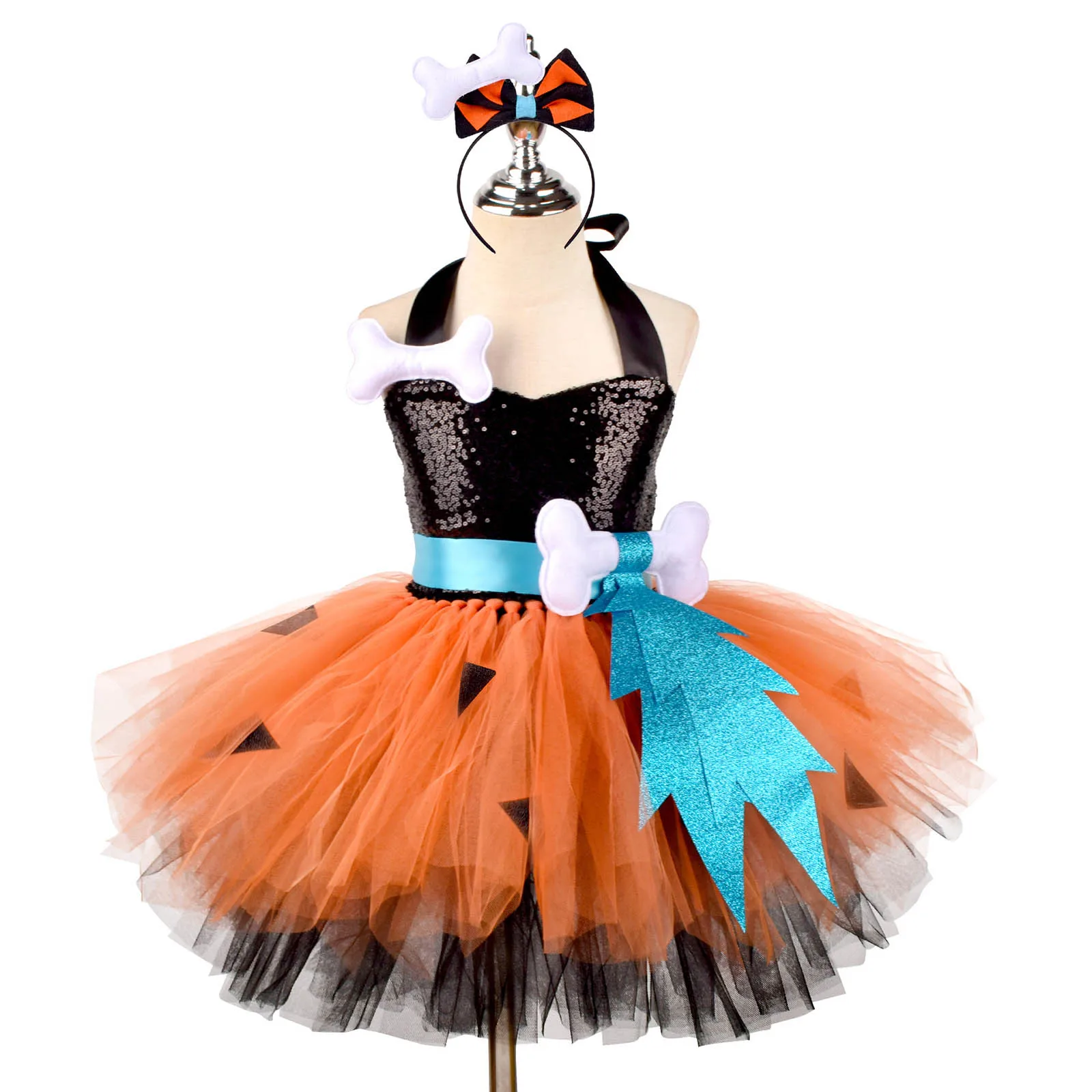 الفتيات هالوين تحت عنوان حفلة الكهف تأثيري ازياء Cavegirl الترتر فستان الرسن الرقبة ثلاثية الأبعاد العظام منتفخ تنورة مع مجموعات أغطية الرأس #2