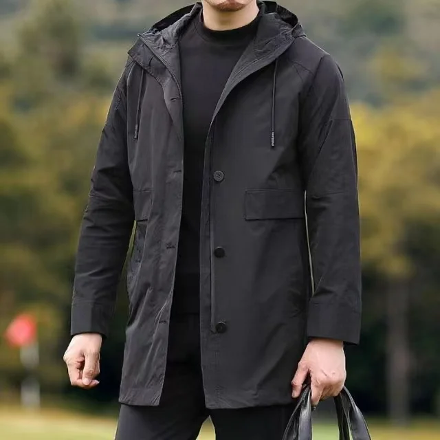 

Casual Hooded Men's Windbreaker 2023 Spring Autumn Mid-Length Busin Casual Coat Stand Fit Faion Urban Sle Youth