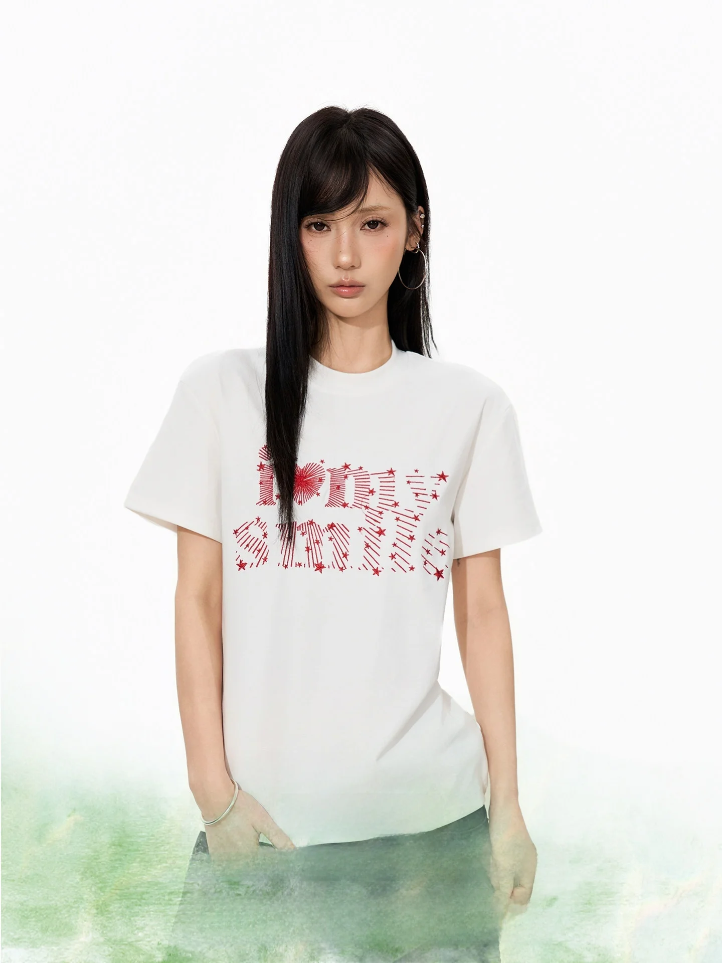 

S3T5 Summer Women's T-shirt round Neck Short Sleeve Embroidered Letter Heart Star American Design Pure Desire Trendy Top