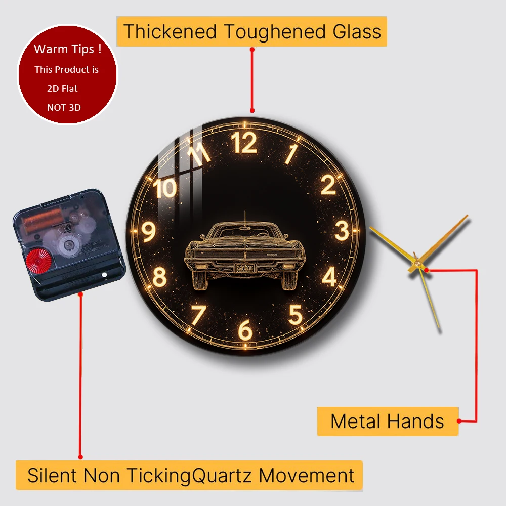 Tempered Glass Wall Clock Classic Car Clock Design Suitable For Wall Decor or Tabletop Display Anywhere