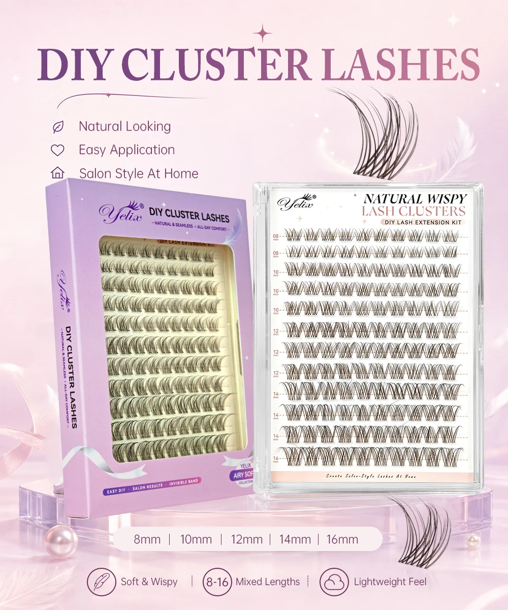 Yelix Natürliche Braune Wispy Cluster Wimpern Gemischt 8-16mm Unsichtbares Weiches Band DIY Wimpernverlängerungen für Heim- und Salongebrauch – Detail 1