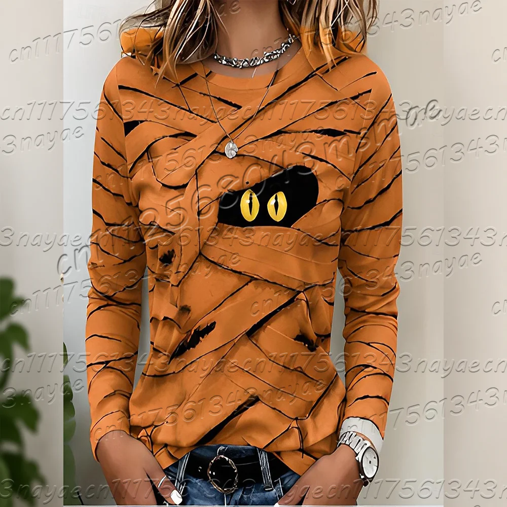 Women Halloween Mummy Printed T-Shirt Long Sleeve Crewneck Loose Tops Casual 3D Print Graphic Funny Party Shirts Women Clothing