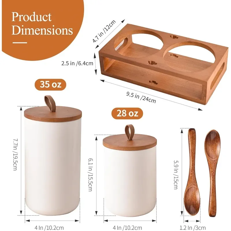 white ceramic sealed jar two-piece set with bamboo cover wooden frame spoon large capacity kitchen seasoning salt jar